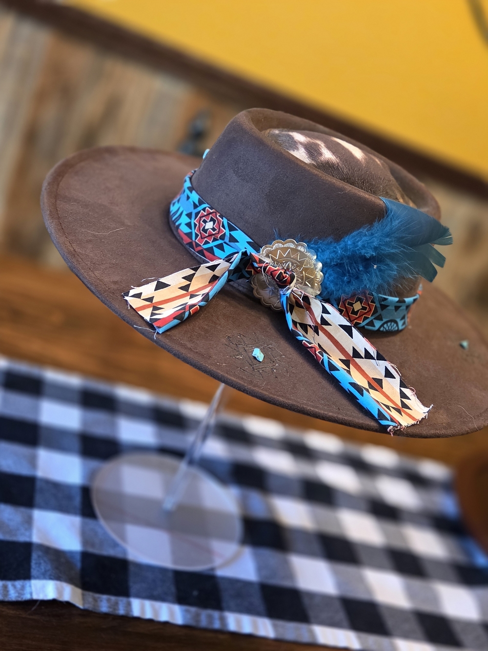 Brown Felt Western Hat with Turquoise Feather and Navajo Print Band